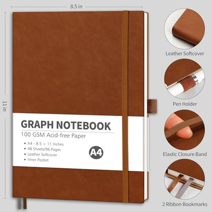RETTACY Graph Grid Paper Notebook, 96 Pages, A4 Large Size (8.5'' x 11'') - color: Brown, style: Grid