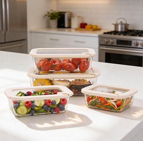 Urban Green Glass Food Storage Containers with Glass Lids, Microwave Safe Food Container Set, Aitight Meal Prep Container Set, LeakProof, 100% Plastic Free, 4 Pack - color: ‎Ivory White -4p