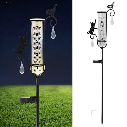 33in Solar Cat Bird Rain Gauge Metal Garden Stake Black Sculpture Decor - color: Cat