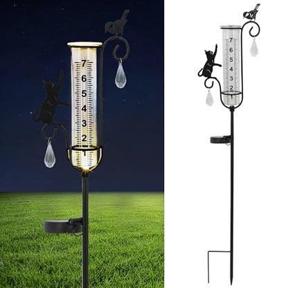 33in Solar Cat Bird Rain Gauge Metal Garden Stake Black Sculpture Decor - color: Cat