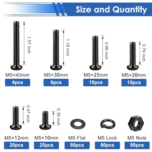 smseace 320Pcs M5 Screws, M5x10/12/20/25/30mm Nuts and Bolts Assortment Kit 6-Sizes M5 Bolts Washer Assortment Kit for Machinery, Furniture, Automotive, Motorcycle Repairs - color: Black, size: 320Pcs M5