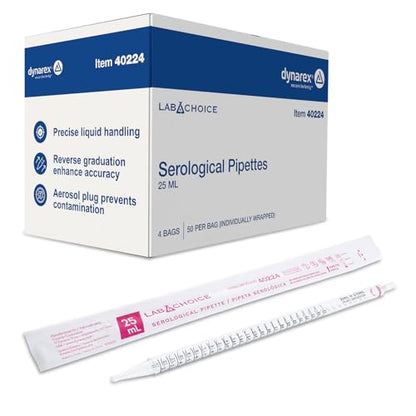 LabChoice Serological Pipettes - 200 Count - Plastic Disposable Sterile Pipettes, Individually Packed Graduated Transfer Pipette for Laboratory Use - 25mL, Red