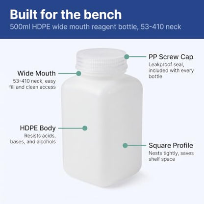 United Scientific™ HDPE Reagent Bottle, Wide Mouth, 500ml/16oz, Pack of 12 - size: 500 mL (16oz)