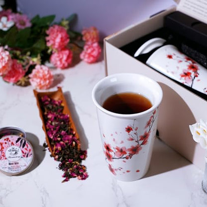Tea Gift Set for Women - 6 Herbal Loose Leaf Tea Blends, Insulated Ceramic Cup with Infuser & Lid | Birthday, Mother's Day, Anniversary & Retirement Gift for Her - color: Cherry Blossom