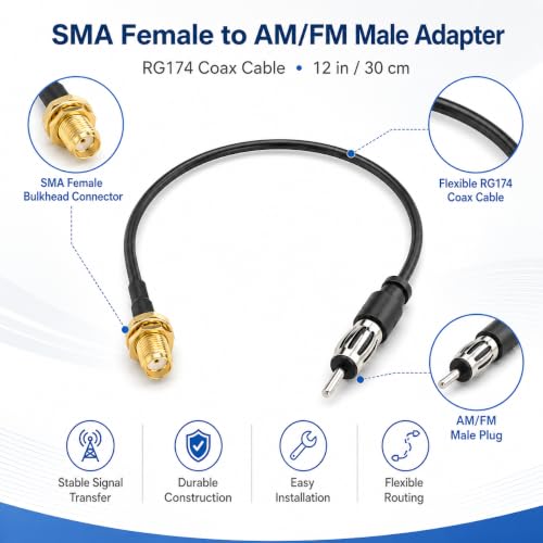 SMA Female to AM/FM Male Adapter RG174 Coax Cable 12 inches Pigtail Jumper RF coaxial Cable for Radio Antenna