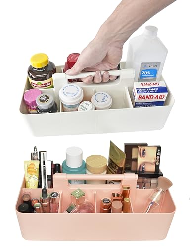 Portable Caddy Organizer -2 Stackable Plastic Caddy with Handle | Desk, Makeup, Dorm Caddy, Classroom Art Organizers (Made In Usa) (Ivory/Indie Pink) - color: Ivory / Indie Pink
