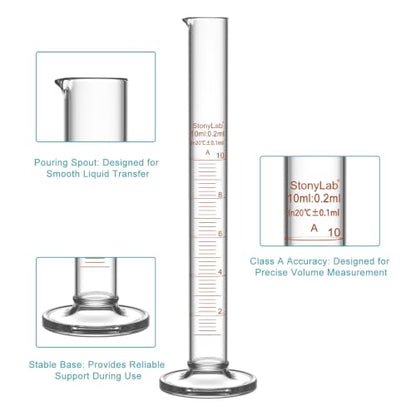 stonylab Class A Graduated Cylinder, 10 ml Borosilicate Glass High Precision Measuring Cylinder with Clear Scale and Stable Base for Laboratory Liquid Measurement - size: 10 ml