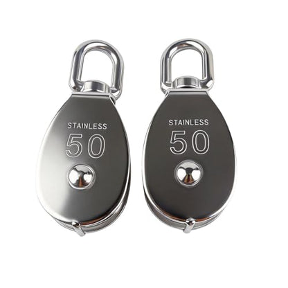 2Pcs M50 Stainless Steel Single Pulley Block Silver Wire Rope Hanging Towing Wheel Lifting Crane Swivel Pulley - size: M50-2PCS
