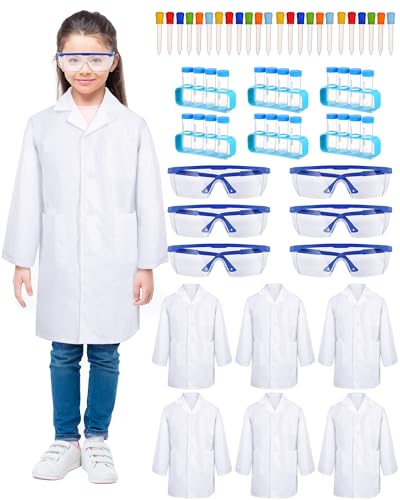 Unittype 6 Set 66 Pcs Kids Lab Coats with Goggles Test Tubes White, M - size: Medium