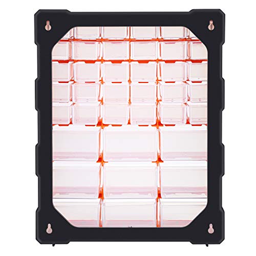 Amazon Basics Wall Mount Hardware and Craft Storage Cabinet Organizer with 39 Drawers, Plastic Garage Organization System with Dividers for Small Parts, Black, Orange, 15" x 6.3" x 18.6"