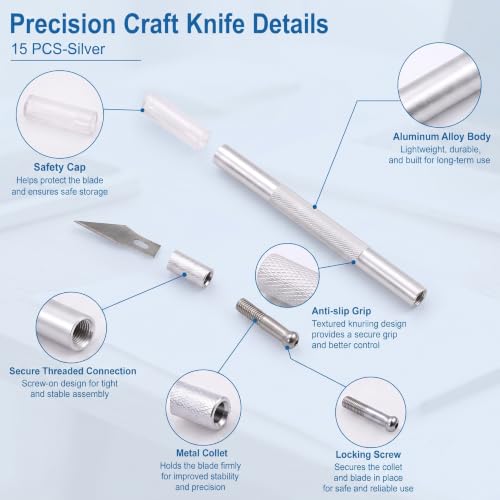 15 Pack Exacto Knife Set, Hobby Knife, Silver