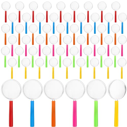 Foraineam 60 Pack Plastic Magnifier Colorful Magnifying Glasses Mini Hand Lens Portable Handheld Magnifying Lenses for Reading, Outdoor Observation, 6 Colors
