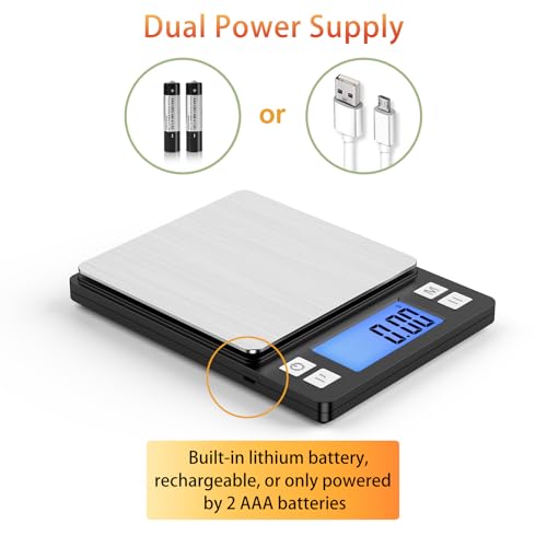 BOMATA 0.01g/1kg Upgraded Small Digital Scale, USB Rechargeable, with Larger Display and Hold,Tare Function, 9 Units, High Precision Digital Scale Grams and oz for Small Item, Kitchen…Grey - size: 0.01g/1kg Grey