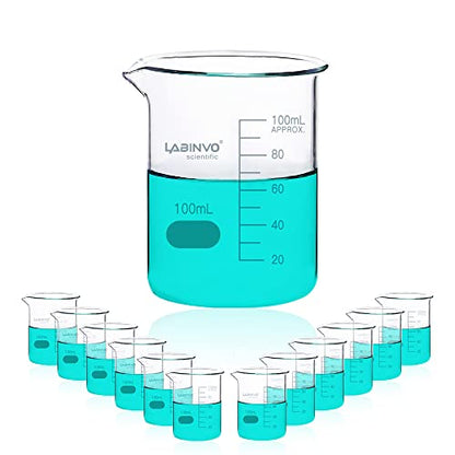 Low Form Graduated Glass Beaker, 12pcs of Vol.100ml, 3.3 Borosilicate Glass Beaker Set, IN-BKL100 - style: 12 PCS of 100 mL