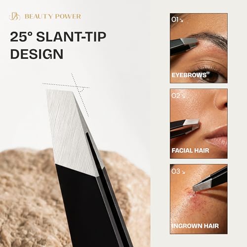 Beauty Power Tweezers for Women Facial Hair. Ultra Precision Tweezers for Women & Men, Sharp Slant Tweezer for Eyebrows, Ingrown Hair Removal. Professional Plucker, German Stainless Steel 3-Pack Black - color: 3 Black