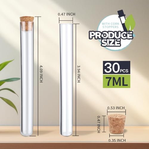 30Pcs Clear Plastic Test Tubes with Cork 7ml, Good Seal for Jewelry Seed Beads Powder Spice Liquid Storage, Lab Use or Decoration - size: 30pcs*7ml(12x100mm)