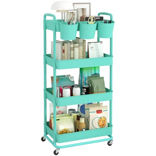 JIUYOTREE 4-Tier Plastic Rolling Storage Cart Utility Cart with Extra Hanging Cups Handles Lockable Wheels for Living Room Bathroom Kitchen Office Green - color: Green, size: 4-Tier