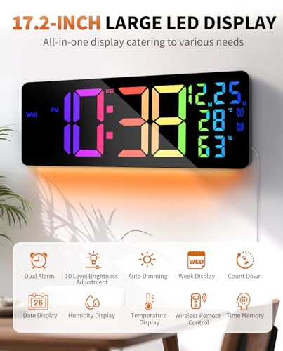 17.2" Large Digital Wall Mount Clock,Alarm,Big LED,Rectangle