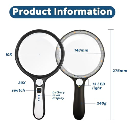 Large Magnifying Glass with Light, 5.1 Inch 10X Lens Rechargeable Magnifier - color: Black‑white