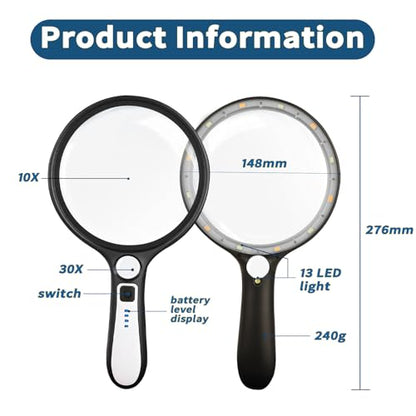 Large Magnifying Glass with Light, 5.1 Inch 10X Lens Rechargeable Magnifier - color: Black‑white