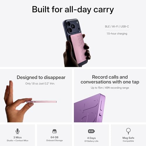 Pocket AI Voice Recorder, Auto Transcription, AI Note Taker, Baby Pink - color: Baby Pink