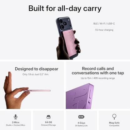 Pocket AI Voice Recorder, Auto Transcription, AI Note Taker, Baby Pink - color: Baby Pink