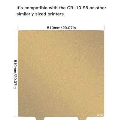FYSETC 3D Printing Build Platform CR10 S5 Upgrades Flexible Spring Steel Sheet 510mm/20x20in Bed Double Sided Textured Pei Powder Coated Gold Print Plate with Sticker Base 2.0MM - style: 510mm powder plate+ B