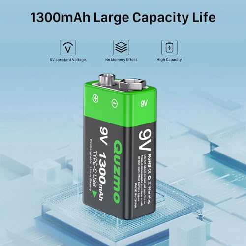 4-Pack Rechargeable 9V Batteries, 1300mAh 9 Volt Lithium-ion Long Lasting Power, USB-C Recharge with 2 in 1 Charging Cable for Smoke Alarms - size: 4 Count