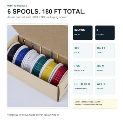 TUOFENG 22 AWG Solid Wire Kit, 6 Colors, 30 ft Each - size: 22 AWG 6 Colors Solid Wire Kit - 30ft Each