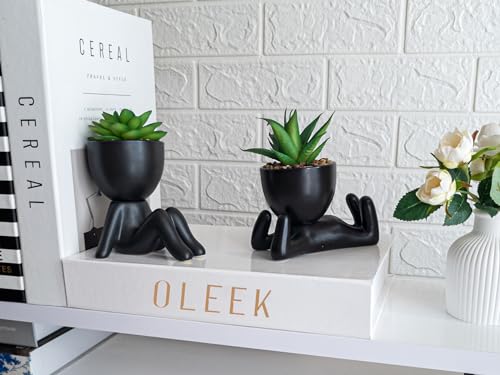 OLEEK Small fake plant office decor for women - blacks plants decor - office plants artificial - fake plants black - succulents fake plant for shelf decor - fake plants black pots for plants - Pot Set - size: (B) Black With Green