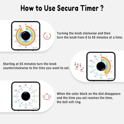 Secura 60-Minute Visual Timer, 7.5 Inch Magnetic Rainbow Countdown Timer for Classroom or Kitchen, Durable Mechanical Timer Clock with Magnetic Backing (Black & Star) - color: Rainbow & Star Black
