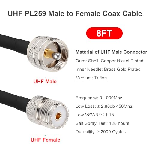 MOOKEERF PL-259 UHF CB Coax Cable 8FT, RG58 PL-259 UHF Male to Female Low Loss Antenna Extension Jumper for HAM Radio, Antenna Analyzer, Dummy Load, SWR Meter - size: 8FT