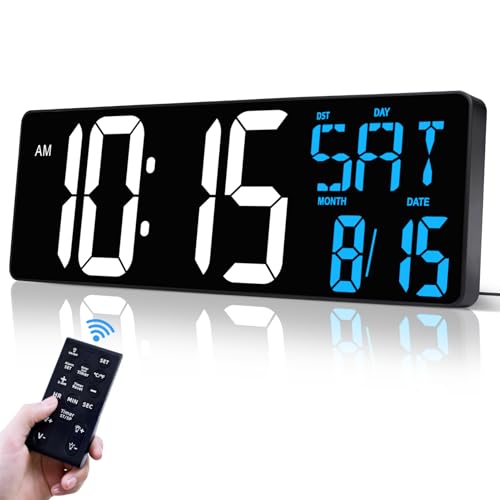 17" Large Digital Wall Clock with Remote, Auto Dimmer, Date Temp, Timer - color: Ice Blue+ White