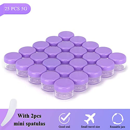 25PCS 5 Gram Sample Containers, 5ml Empty Jars with Lids, Small Cosmetic Containers, Mini Sample Jars with 2PCS Mini Spatulas for Make Up, Oils, Lotion, Powder, Paint, Jewelry, Lip Balms(Purple Lid) - color: Purple, size: 25 Count