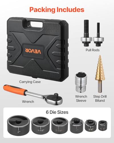 VEVOR Knockout Punch Set, 1/2 to 2 inch SLUG-Buster Ratchet Knockout Set, Ratchet Wrench Knockouts Punch Sets for Aluminum, Mild Steel, Fiberglass, Plastics, 6 Die Sizes, 40Cr Steel Ko Tool Kit - style: 1/2 to 2 inch SLUG-Buster Ratchet Knockout Set
