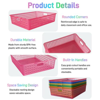6 Pack Plastic Turn in Paper Trays for Classroom, Storage Bin Baskets - color: Translucent Rainbow