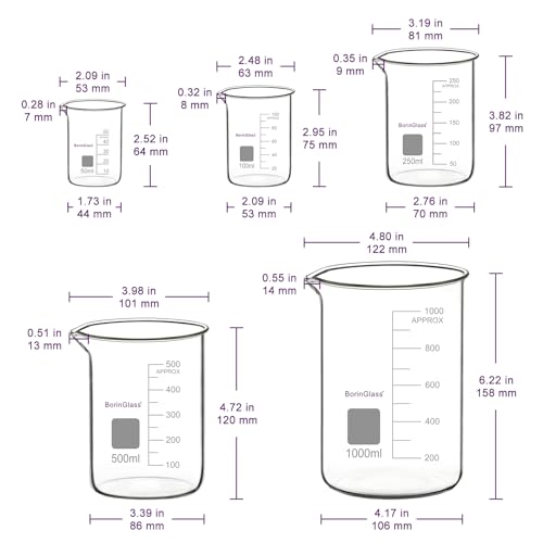 BorinGlass Measuring Beaker Set, (5 Pieces) High Borosilicate Glass Graduated Beakers in 5 Sizes, 50 ml / 100 ml / 250 ml / 500 ml / 1000 ml (1 L)