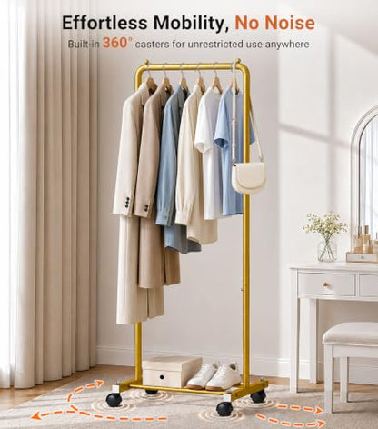 AOODA Small Clothing Rack for Hanging Clothes with Wheels, Gold