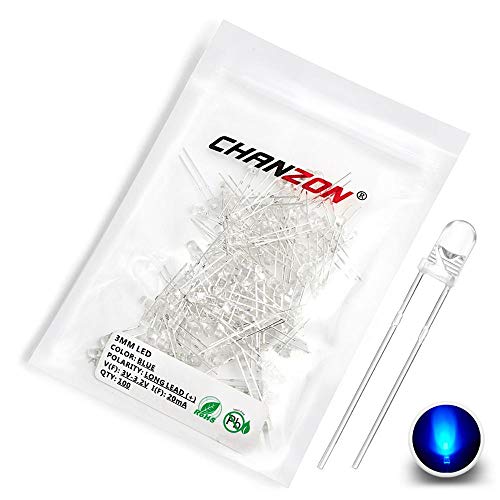 CHANZON 100 pcs 3mm Blue LED Diode Lights (DC 3V 20mA) - color: F) Blue, size: 3mm Round Top