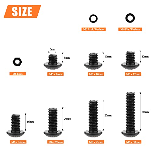 HELIFOUNER 147 Pieces M6 x 8mm /10mm /12mm /16mm /20mm /25mm /30mm, Button Head Socket Cap Screws Bolts Washers Nuts Kit, 10.9 Grade Alloy Steel, Full Threaded, Black - size: M6, style: Button Head