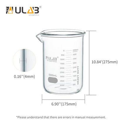 ULAB Low Form Glass Beaker, Vol.5000ml, 3.3 Borosilicate Glass, Printed Graduation, UBG1024 - style: Vol.5000ml, Pack of 1