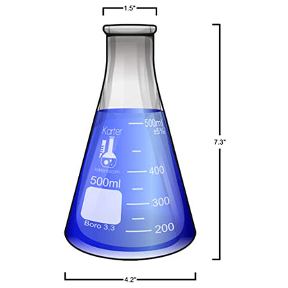 500ml Narrow Mouth Erlenmeyer Flask, 3.3 Borosilicate Glass, Karter Scientific 213G9 (Case of 36) - size: 500ml, style: Pack of 36