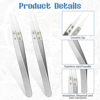 Ceramic Tweezers, Stainless Steel Ceramic Tipped Tweezers for Electronics