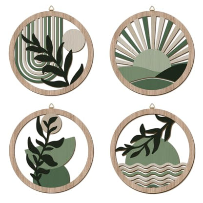 Abstract Mid Century Boho Green Botanical Wall Decor‑4 Pieces 10''x10'' - color: Farmhouse geometric