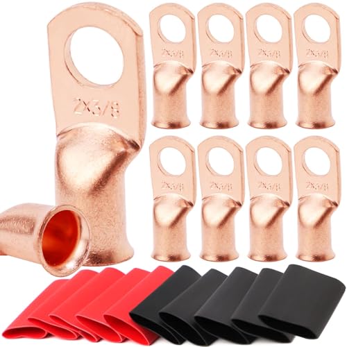 TKDMR 10 PCS 2 AWG - 3/8 Battery Cable Lugs Copper Wire Ring Terminals - size: 2 Awg - 3/8" (M10) Ring