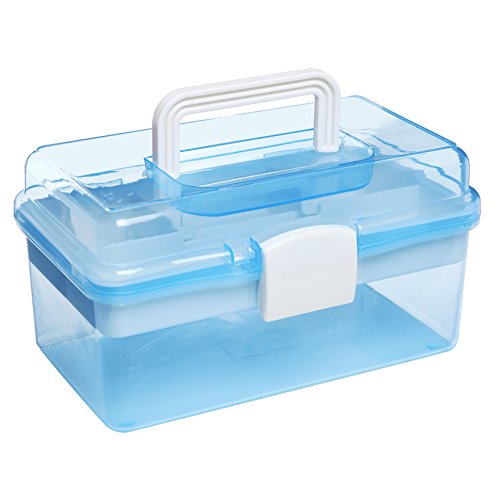 MyGift 10 Inch Blue Plastic Storage Box With Removable Tray Organizer