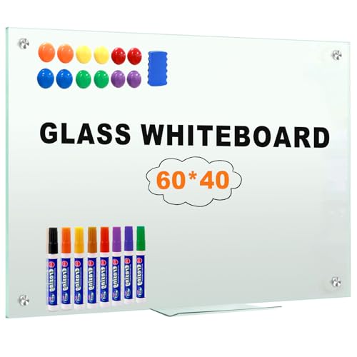 H-Qprobd Glass Whiteboard 60"x40" Magnetic Dry Erase White Board for Wall, Includes 12 Magnets, 8 Markers and 2 Erasers - size: Glass 60"x40"