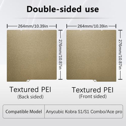 264 x276MM Kobra X Build Plate for Anycubic Kobra 4/Kobra X/Kobra S1 Combo 3D Printer, Double Sided Textured PEI Heated Bed Spring Plate Printing for Anycubic Kobra 4 3D Printer - style: PEI Texture Plate(Gold)