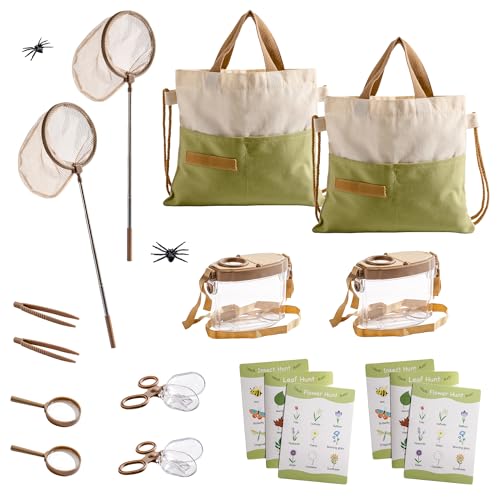ROBOTIME 2Sets Bug Catcher for Kids, Sturdy Bug Catching Kit with Butterfly Net, Insect Box, Magnifying Glass, Tweezer, Clamp, Cards and Carry Bag, Bug Habitat Outdoor Explorer Kit for Kids 3-12 - color: Green