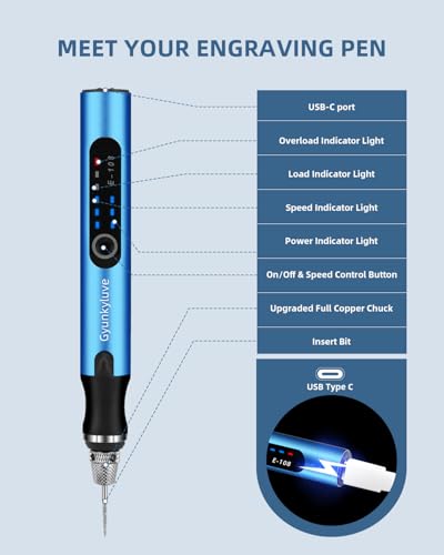 Upgraded Electric Engraving Pen, Wireless Engraving Pen Kit with 34 Bits & 3-Speed Adjust, Practice Materialse & Stencil, Rotary Tool for 60+ Surfaces Cordless Engraver Pen for Artists & DIY - color: Blue
